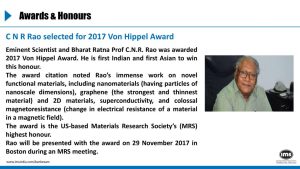 CNR Rao selected for 2017 Von Hippel Award