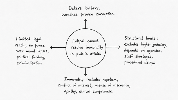 ‘A national Lokpal, however strong it may be, cannot resolve the problems of immorality in public affairs.’ Discuss. (UPSC 2013)