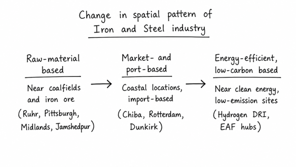 Account for the change in the spatial pattern of the Iron and Steel industry in the world. (UPSC 2014)