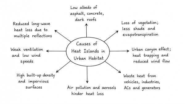 Bring out the causes for the formation of heat islands in the urban habitat of the world. (UPSC 2013)