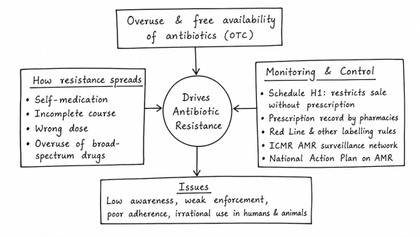 Can overuse and free availability of antibiotics without Doctor’s prescription, be contributors to the emergence of drug-resistant diseases in India? What are the available mechanisms for monitoring and control? Critically discuss the various issues involved. (UPSC 2014)