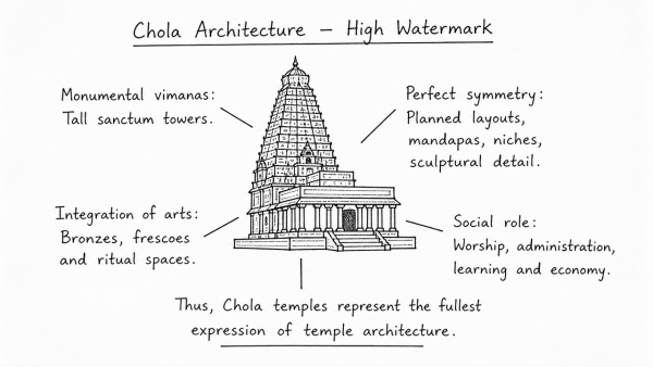 Chola architecture represents a high watermark in the evolution of temple architecture. Discuss. (UPSC 2013)