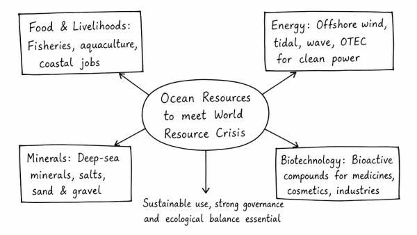 Critically evaluate the various resources of the oceans which can be harnessed to meet the resource crisis in the world. (UPSC 2014)