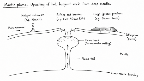 Define mantle plume and explain its role in plate tectonics. (UPSC 2018)