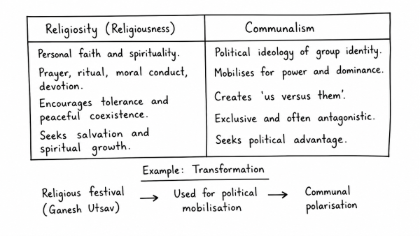Distinguish between religiousness/religiosity and communalism giving one example of how the former has got transformed into the latter in independent India. (UPSC 2017)