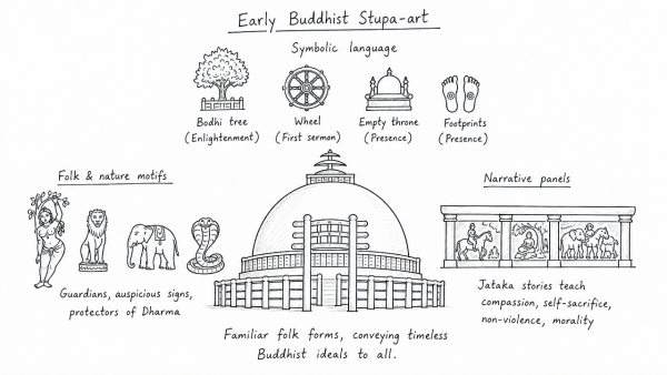 Early Buddhist Stupa-art, while depicting folk motifs and narratives, successfully expounds Buddhist ideals. Elucidate. (UPSC 2016)