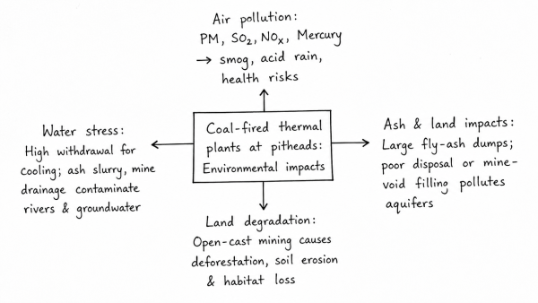 Environmental Impact Assessment studies are increasingly undertaken before a project is cleared by the Government. Discuss the environmental impacts of coal-fired thermal plants located at coal pitheads. (UPSC 2014)