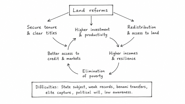 Establish relationship between land reforms, agriculture productivity and elimination of poverty in the Indian economy. Discuss the difficulties in designing and implementation of agriculture-friendly land reforms in India. (UPSC 2013)