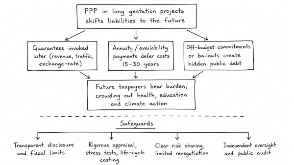 Explain how Private Public Partnership arrangements, in long gestation infrastructure projects, can transfer unsustainable liabilities to the future. What arrangements need to be put in place to ensure that successive generations’ capacities are not compromised? (UPSC 2014)
