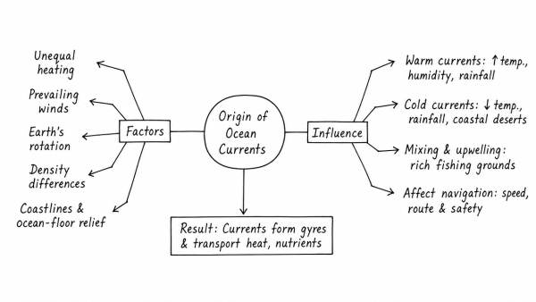 Explain the factors responsible for the origin of ocean currents. How do they influence regional climates, fishing and navigation? (UPSC 2015)