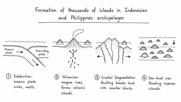 Explain the formation of thousands of islands in Indonesian and Philippines archipelagos. (UPSC 2014)