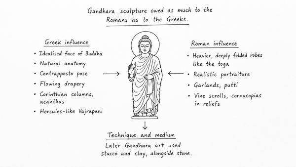 Gandhara sculpture owed as much to the Romans as to the Greeks. Explain. (UPSC 2014)