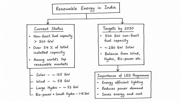 Give an account of the current status and the targets to be achieved pertaining to renewable energy sources in the country. Discuss in brief the importance of National Programme on Light Emitting Diodes (LEDs). (UPSC 2016)
