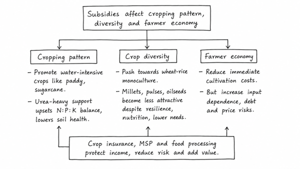How do subsidies affect the cropping pattern, crop diversity and economy of farmers? What is the significance of crop insurance, minimum support price and food processing for small and marginal farmers? (UPSC 2017)