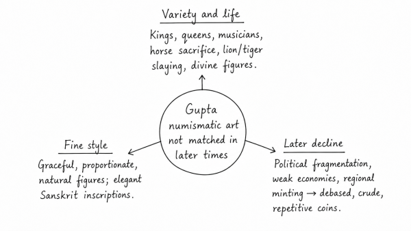 How do you justify the view that the level of excellence of the Gupta numismatic art is not at all noticeable in later times? (UPSC 2017)
