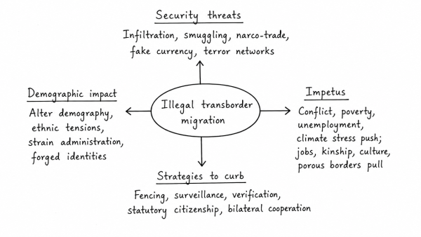 How does illegal transborder migration pose a threat to India’s security? Discuss the strategies to curb this, bringing out the factors which give impetus to such migration. (UPSC 2014)