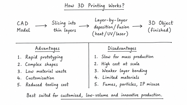 How does the 3D printing technology work? List out the advantages and disadvantages of the technology. (UPSC 2013)