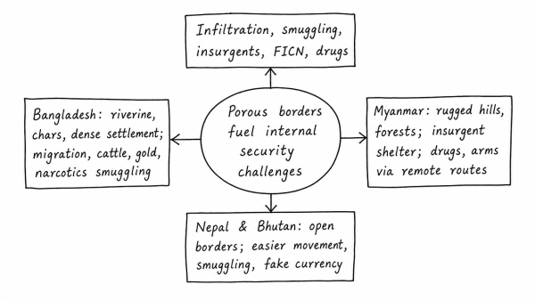 How far are India’s internal security challenges linked with border management particularly in view of the long porous borders with most countries of South Asia and Myanmar? (UPSC 2013)