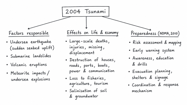 In December 2004, tsunami brought havoc on fourteen countries including India. Discuss the factors responsible for occurrence of tsunami and its effects on life and economy. In the light of guidelines of NDMA (2010), describe the mechanisms for preparedness to reduce the risk during such events. (UPSC 2017)