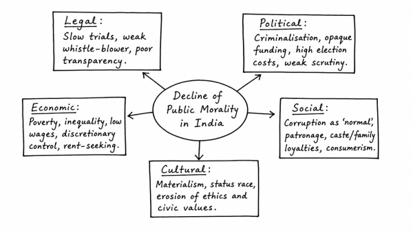In the integrity index of Transparency International, India stands very low. Discuss briefly the legal, political, economic, social and cultural factors that have caused the decline of public morality in India. (UPSC 2015)