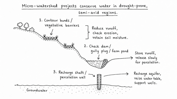 In what way do micro-watershed development projects help in water conservation in drought-prone and semi-arid regions of India? (UPSC 2016)