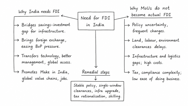 Justify the need for FDI for the development of the Indian economy. Why is there a gap between MOUs signed and actual FDIs? Suggest remedial steps to be taken for increasing actual FDIs in India. (UPSC 2016)