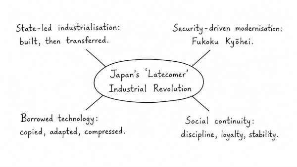 “Latecomer” Industrial Revolution in Japan involved certain factors that were markedly different from what the West had experienced. (UPSC 2013)