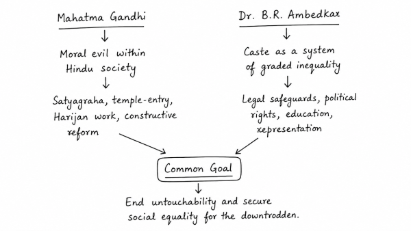 Mahatma Gandhi and Dr. B.R. Ambedkar, despite having divergent approaches and strategies, had a common goal of amelioration of the downtrodden. Elucidate. (UPSC 2015)