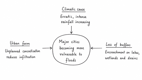 Major cities of India are becoming more vulnerable to flood conditions. Discuss. (UPSC 2016)