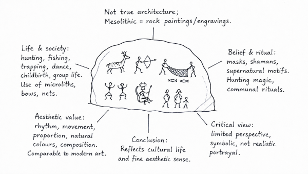 Mesolithic rock cut architecture of India not only reflects the cultural life of the times but also a fine aesthetic sense comparable to modern painting. Critically evaluate this comment. (UPSC 2015)