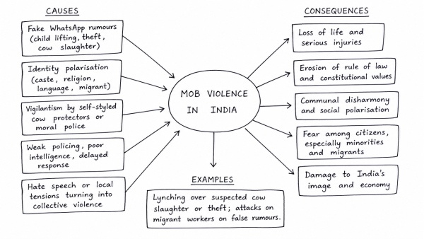 Mob violence is emerging as a serious law and order problem in India. By giving suitable examples, analyze the causes and consequences of such violence. (UPSC 2017)