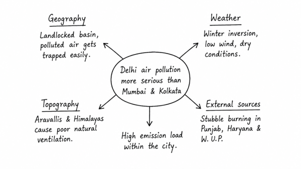 Mumbai, Delhi and Kolkata are the three mega cities of the country but the air pollution is much more serious problem in Delhi as compared to the other two. Why is this so? (UPSC 2015)