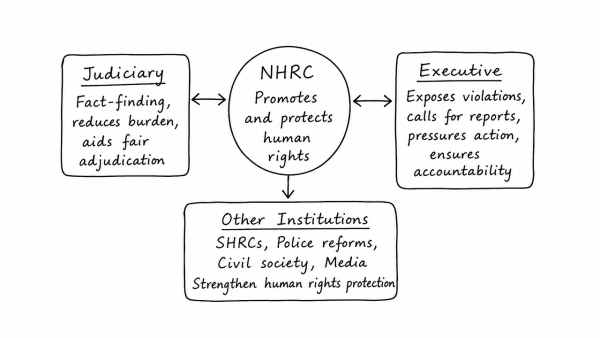 National Human Rights Commission (NHRC) in India can be most effective when its tasks are adequately supported by other mechanisms that ensure the accountability of a government. In light of the above observation assess the role of NHRC as an effective complement to the judiciary and other institutions in promoting and protecting human rights standards. (UPSC 2014)