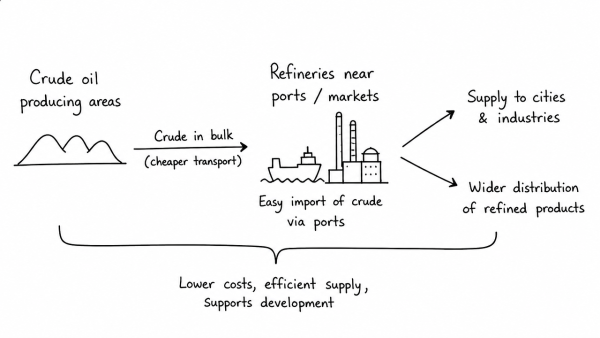 Petroleum refineries are not necessarily located nearer to crude oil producing areas, particularly in many of the developing countries. Explain its implications. (UPSC 2017)