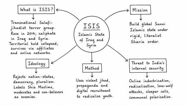 Religious indoctrination via digital media has resulted in Indian youth joining the ISIS. What is ISIS and its mission? How can ISIS be dangerous for the internal security of our country? (UPSC 2015)