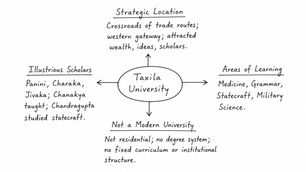 Taxila university was one of the oldest universities of the world with which were associated a number of renowned learned personalities of different disciplines. Its strategic location caused its fame to flourish, but unlike Nalanda, it is not considered as a university in the modern sense. Discuss. (UPSC 2014)