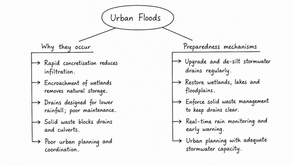 The frequency of urban floods due to high intensity rainfall is increasing over the years. Discussing the reasons for urban floods, highlight the mechanisms for preparedness to reduce the risk during such events. (UPSC 2016)