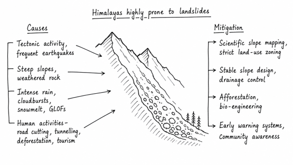 “The Himalayas are highly prone to landslides.” Discuss the causes and suggest suitable measures of mitigation. (UPSC 2016)