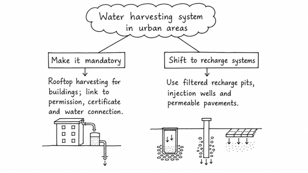 “The ideal solution of depleting ground water resources in India is water harvesting system.” How can it be made effective in urban areas? (UPSC 2018)