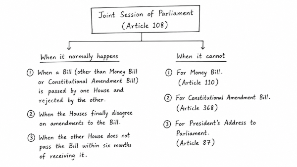 The Indian Constitution has provisions for holding joint session of the two Houses of the Parliament. Enumerate the occasions when this would normally happen and also the occasions when it cannot, with reason thereof. (UPSC 2017)