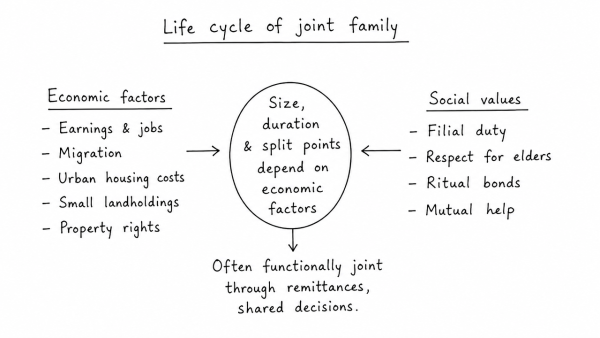 The life cycle of a joint family depends on economic factors rather than social values. Discuss. (UPSC 2014)