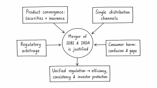 The product diversification of financial institutions and insurance companies, resulting in overlapping of products and services strengthens the case for the merger of the two regulatory agencies, namely SEBI and IRDA. Justify. (UPSC 2013)