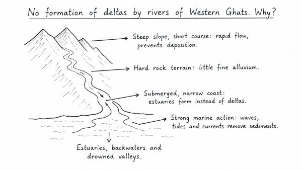 There is no formation of deltas by rivers of the Western Ghats. Why? (UPSC 2013)