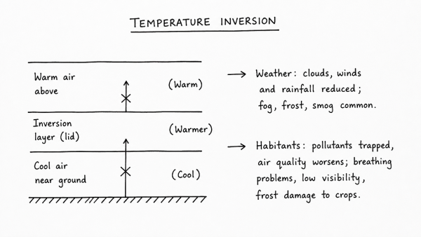 What do you understand by the phenomenon of temperature inversion in meteorology? How does it affect the weather and the habitants of the place? (UPSC 2013)