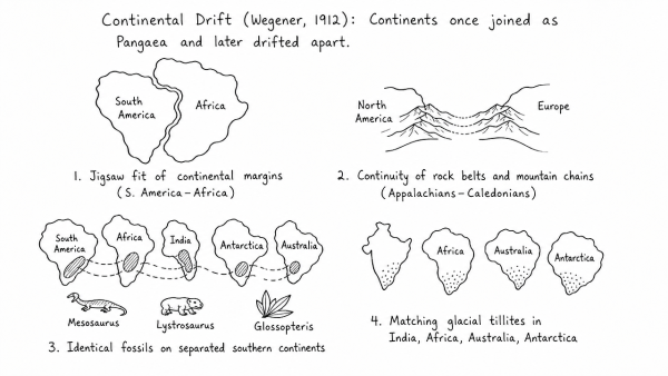 What do you understand by the theory of continental drift? Discuss the prominent evidences in its support. (UPSC 2013)