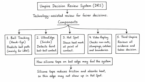 What do you understand by Umpire Decision Review System in Cricket? Discuss its various components. Explain how silicone tape on the edge of a bat may fool the system. (UPSC 2013)