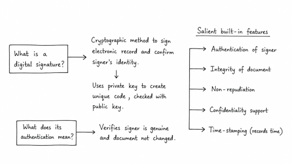 What is a digital signature? What does its authentication mean? Give various salient built-in features of a digital signature. (UPSC 2013)