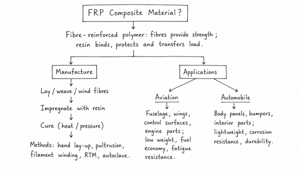 What is an FRP composite material? How are they manufactured? Discuss their applications in aviation and automobile industries. (UPSC 2013)