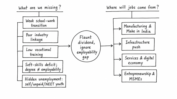 “While we flaunt India’s demographic dividend, we ignore the dropping rates of employability.” What are we missing while doing so? Where will the jobs that India desperately needs come from? Explain. (UPSC 2014)