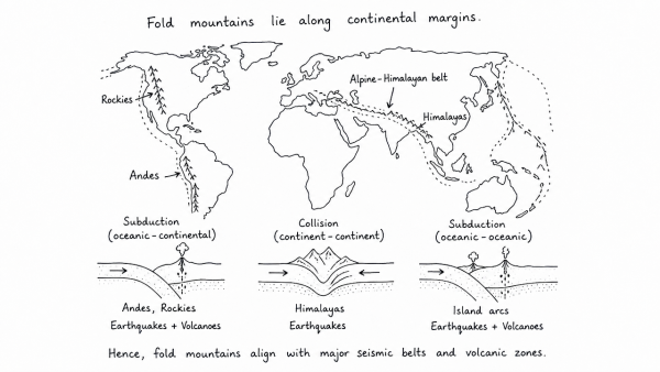 Why are the world’s fold mountain systems located along the margins of continents? Bring out the association between the global distribution of fold mountains and the earthquakes and volcanoes. (UPSC 2014)
